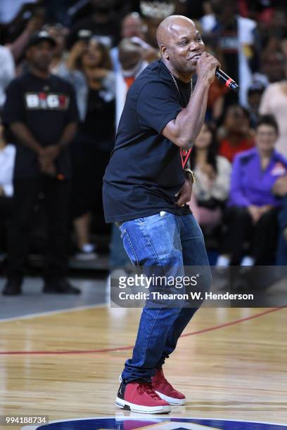 Recording Artist Too Short performs during week three of the BIG3 three on three basketball league game at ORACLE Arena on July 6, 2018 in Oakland,...