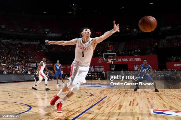 Zhou Qi of the Houston Rockets chases down the loose ball during the game against the Golden States Warriors during the 2018 Las Vegas Summer League...