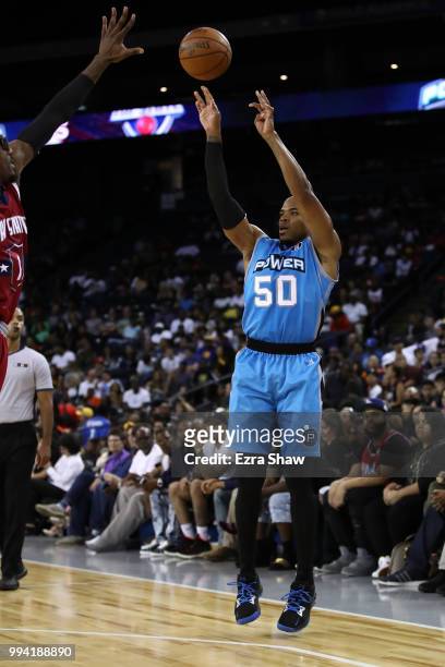 Corey Maggette of Power takes a shot against Tri State during week three of the BIG3 three on three basketball league game at ORACLE Arena on July 6,...