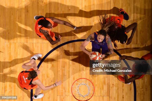 Brittney Griner of the Phoenix Mercury goes to the basket against the Connecticut Sun on July 5, 2018 at Talking Stick Resort Arena in Phoenix,...