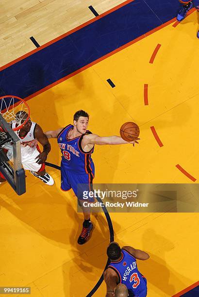 Danilo Gallinari of the New York Knicks rebounds during the game against the Golden State Warriors at Oracle Arena on April 2, 2010 in Oakland,...