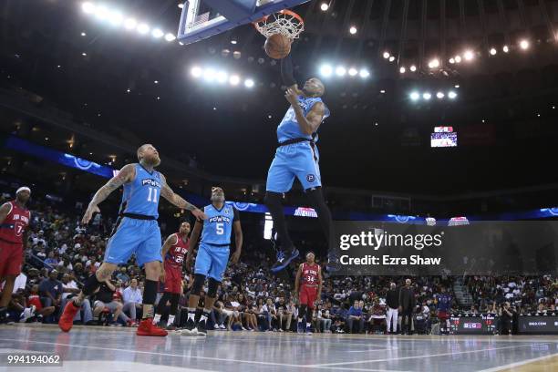 Corey Maggette of Power dunks against Tri State during week three of the BIG3 three on three basketball league game at ORACLE Arena on July 6, 2018...