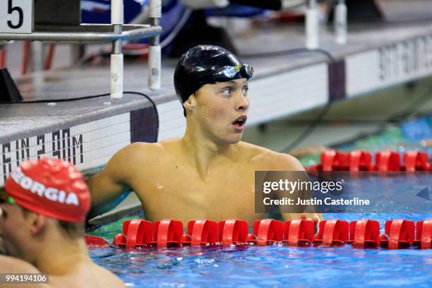 Carson Foster finishes the the men's 200m IM final at the 2018 TYR Pro Series on July 8, 2018 in Columbus, Ohio.