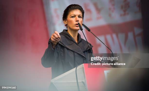 Sahra Wagenknecht, chairwoman of Die Linke party and leading candidate of her party for the general elections, speaks at an election campaign event...