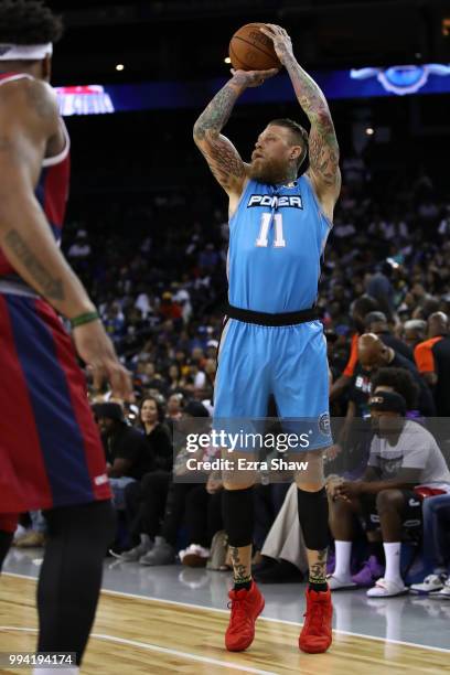 Chris Andersen of Power takes a shot against Tri State during week three of the BIG3 three on three basketball league game at ORACLE Arena on July 6,...