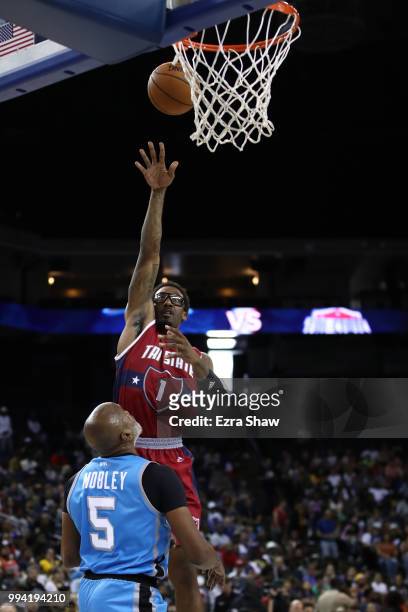 Amar'e Stoudemire of Tri State takes a shot against Power during week three of the BIG3 three on three basketball league game at ORACLE Arena on July...
