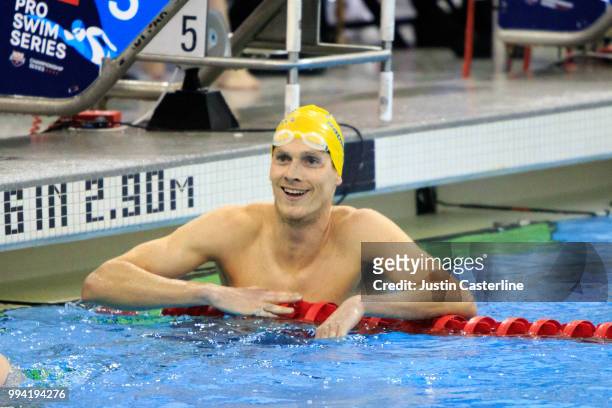 Zane Grothe wins the men's 800m freestyle final at the 2018 TYR Pro Series on July 8, 2018 in Columbus, Ohio.