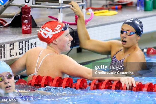 Lilly King and Katie Meili at the 2018 TYR Pro Series on July 8, 2018 in Columbus, Ohio.