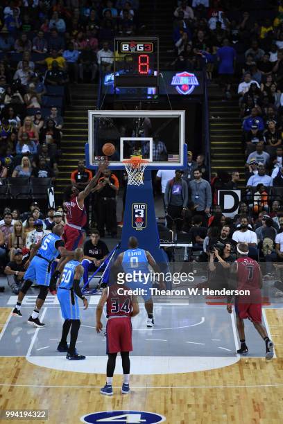 Amar'e Stoudemire of Tri State throws up a shot against Tri State during week three of the BIG3 three on three basketball league game at ORACLE Arena...