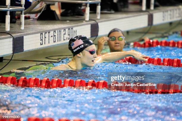 Kelsi Dahlia wins the women's 200m butterfly final at the 2018 TYR Pro Series on July 8, 2018 in Columbus, Ohio.