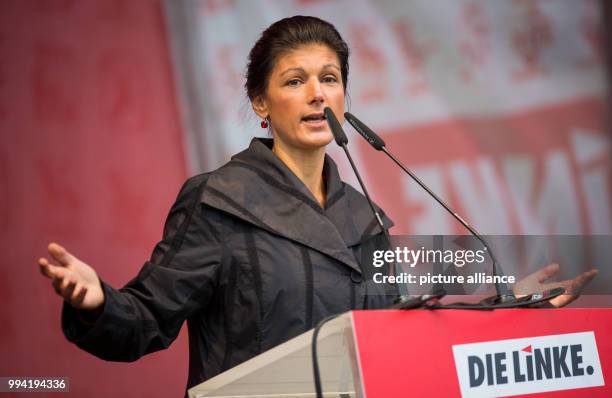 Sahra Wagenknecht, chairwoman of Die Linke party and leading candidate of her party for the general elections, speaks at an election campaign event...