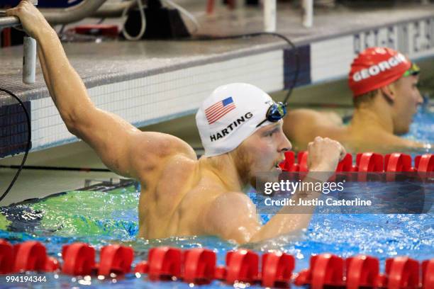 Zach Harting celebrates a second place finish in the men's 200m butterfly final at the 2018 TYR Pro Series on July 8, 2018 in Columbus, Ohio.