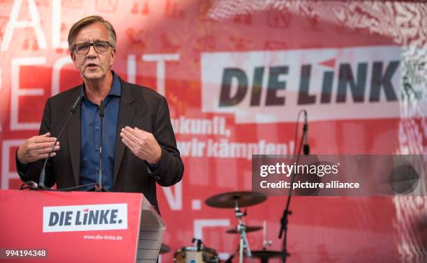 Dietmar Bartsch, chairman of Die Linke party and leading candidate of his party for the general elections, speaks at an election campaign event of...