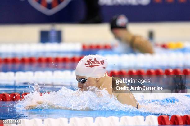 Lilly King competes in the women's 100m breaststroke final at the 2018 TYR Pro Series on July 8, 2018 in Columbus, Ohio.