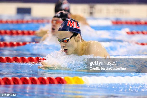 Devon Nowicki competes in the men's 100m breaststroke final at the 2018 TYR Pro Series on July 8, 2018 in Columbus, Ohio.