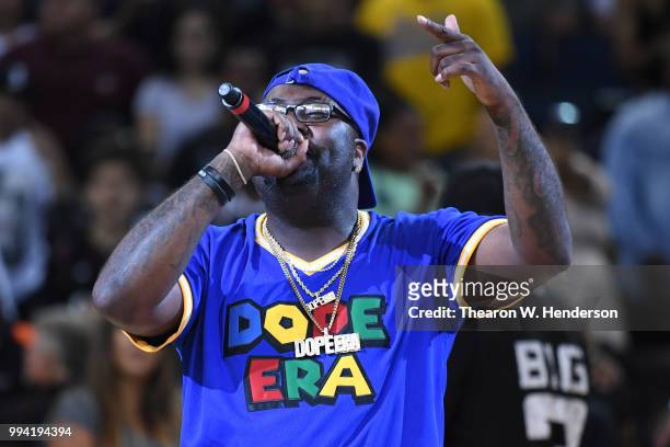 Recording artist Mistah F.A.B. Performs during week three of the BIG3 three on three basketball league game at ORACLE Arena on July 6, 2018 in...