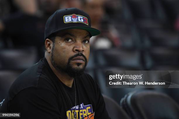 Actor and recording artist Ice Cube looks on during week three of the BIG3 three on three basketball league game at ORACLE Arena on July 6, 2018 in...