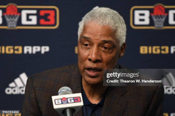 Head coach Julius Erving of Tri State speaks at a postgame press conference during week three of the BIG3 three on three basketball league game at...