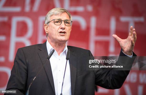 Bernd Riexinger, chairman of Die Linke party, speaks at an election campaign event of his party on the Castle Square in Stuttgart, Germany, 12...