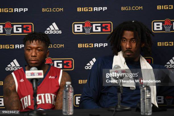 Nate Robinson and Amar'e Stoudemire of Tri State speak at a postgame press conference during week three of the BIG3 three on three basketball league...