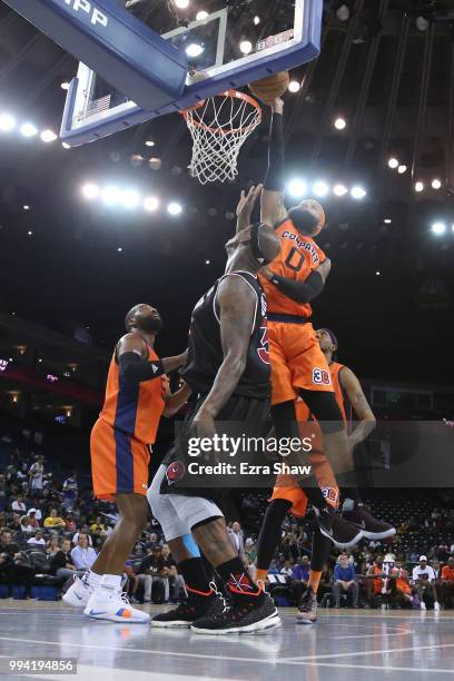 Al Harrington of Trilogy takes a shot against Drew Gooden of 3's Company during week three of the BIG3 three on three basketball league game at...