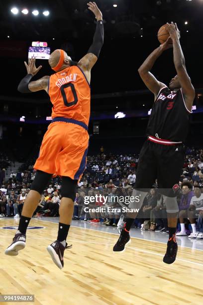 Al Harrington of Trilogy takes a shot against Drew Gooden of 3's Company during week three of the BIG3 three on three basketball league game at...