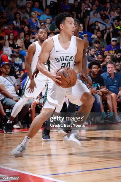 Travis Trice II of the Milwaukee Bucks handles the ball during the game against the Dallas Mavericks on July 8, 2018 at the Cox Pavilion in Las...