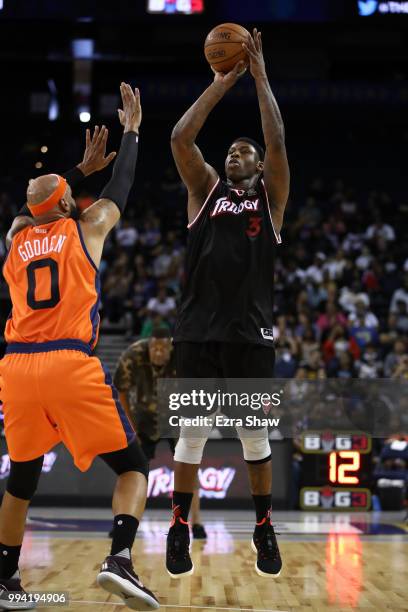 Al Harrington of Trilogy takes a shot against Drew Gooden of 3's Company during week three of the BIG3 three on three basketball league game at...