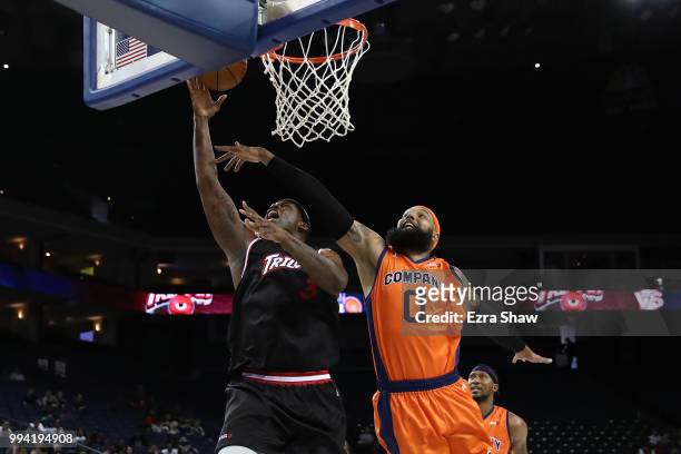 Al Harrington of Trilogy takes a shot against Drew Gooden of 3's Company during week three of the BIG3 three on three basketball league game at...