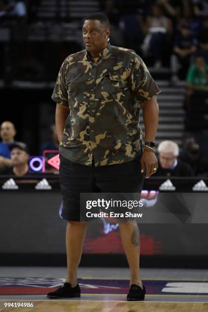 Head coach Rick Mahorn of Trilogy looks on during week three of the BIG3 three on three basketball league game at ORACLE Arena on July 6, 2018 in...