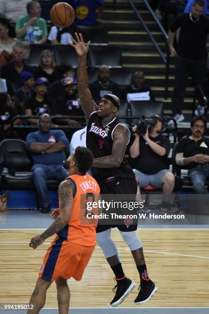 Al Harrington of Trilogy throws up a shot against 3's Company during week three of the BIG3 three on three basketball league game at ORACLE Arena on...