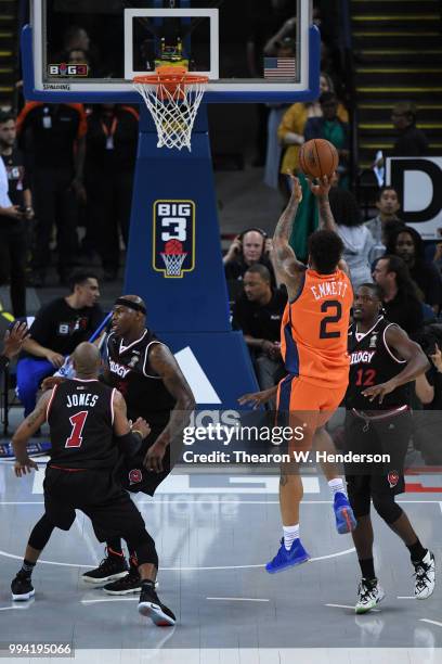 Andre Emmett of 3's Company throws up a shot against Trilogy during week three of the BIG3 three on three basketball league game at ORACLE Arena on...