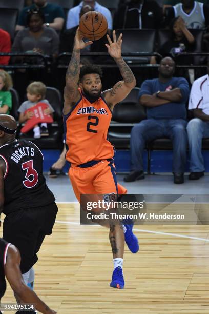 Andre Emmett of 3's Company looks to pass against Trilogy during week three of the BIG3 three on three basketball league game at ORACLE Arena on July...