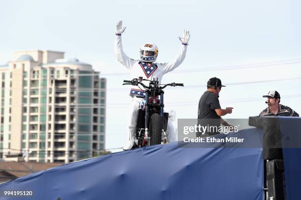 Travis Pastrana performs during HISTORY's Live Event "Evel Live" on July 8, 2018 in Las Vegas, Nevada.