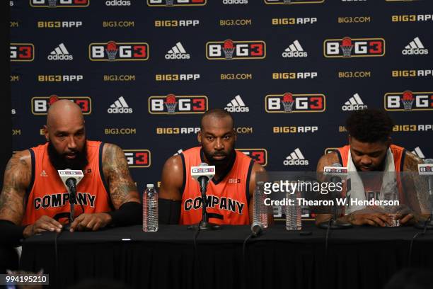 Drew Gooden, Baron Davis and Andre Emmett of 3's Company speak at a postgame press conference during week three of the BIG3 three on three basketball...