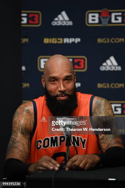 Drew Gooden of 3's Company speaks at a postgame press conference during week three of the BIG3 three on three basketball league game at ORACLE Arena...