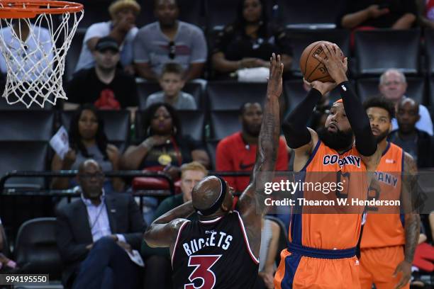 Drew Gooden of 3's Company takes a shot against Al Harrington of Trilogy during week three of the BIG3 three on three basketball league game at...
