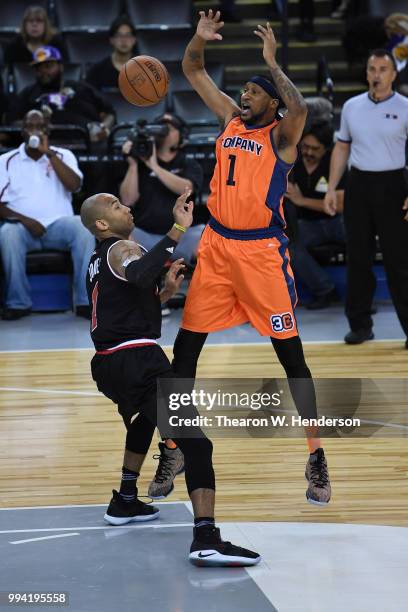 DerMarr Johnson of 3's Company loses the ball against Trilogy during week three of the BIG3 three on three basketball league game at ORACLE Arena on...