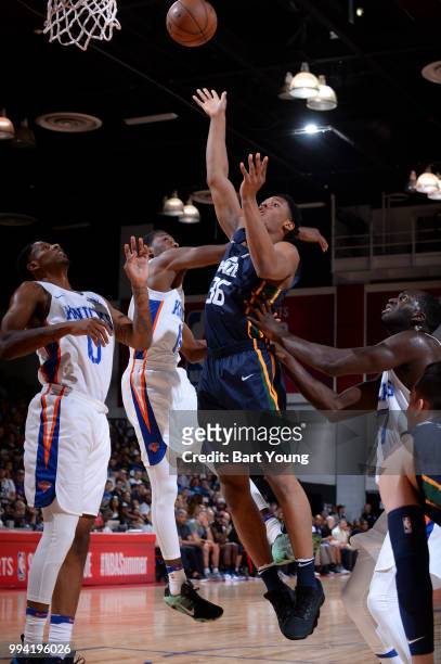 Malcolm Hill of the Utah Jazz shoots the ball against the New York Knicks during the 2018 Las Vegas Summer League on July 8, 2018 at the Cox Pavilion...