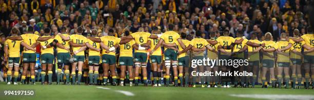 The Wallabies sing the national anthem during the Third International Test match between the Australian Wallabies and Ireland at Allianz Stadium on...