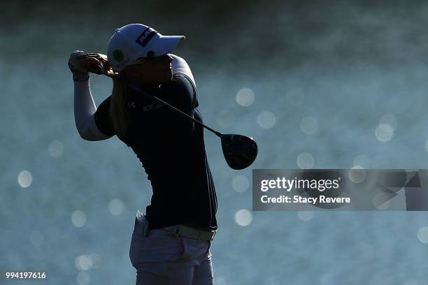 Jodi Ewart Shadoff of England hits her tee shot on the 15th hole during the final round of the Thornberry Creek LPGA Classic at Thornberry Creek at...