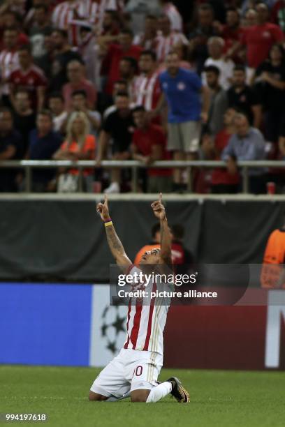 Piräu's Felipe Pardo celebrates his goal during a Group D, UEFA Champions League football match between Olympiacos and Sporting Lisbon at the...