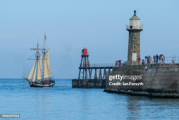 Pickles makes her way into Whitby Harbour during the first day of the Whitby Captain Cook Festival on 6 July, 2018 in Whitby, England. HMS Pickles is...