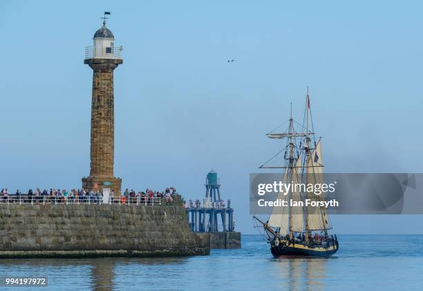 Pickles makes her way into Whitby Harbour during the first day of the Whitby Captain Cook Festival on 6 July, 2018 in Whitby, England. HMS Pickles is...