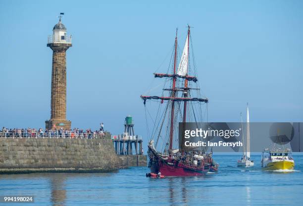 The Tall ship Atyla makes her way into Whitby Harbour during the first day of the Whitby Captain Cook Festival on 6 July, 2018 in Whitby, England....