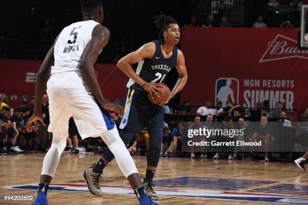 Deyonta Davis of the Memphis Grizzlies handles the ball against the Orlando Magic during the 2018 Las Vegas Summer League on July 8, 2018 at the...