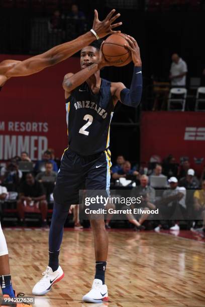 Kobi Simmons of the Memphis Grizzlies handles the ball against the Orlando Magic during the 2018 Las Vegas Summer League on July 8, 2018 at the...