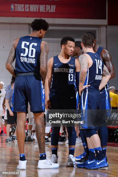 The Dallas Mavericks huddle during the game against the Milwaukee Bucks on July 8, 2018 at the Cox Pavilion in Las Vegas, Nevada. NOTE TO USER: User...