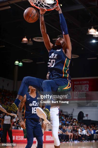 Diamond Stone of the Utah Jazz dunks the ball against the New York Knicks during the 2018 Las Vegas Summer League on July 8, 2018 at the Cox Pavilion...