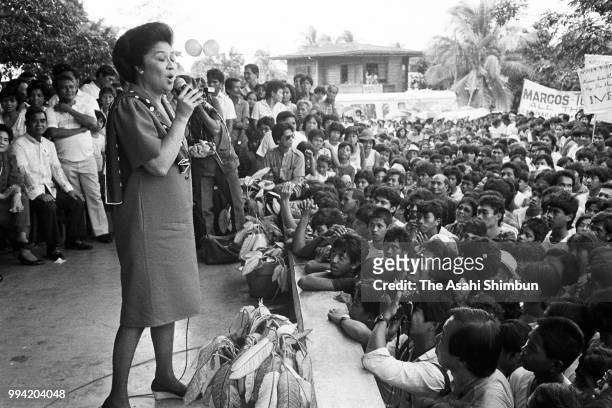 Imelda Marcos, wife of Incumbent President Ferdinand Marcos sings a song during a campaign rally on January 4, 1986 in San Pablo, Laguna, Philippines.